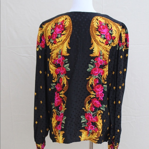 Vintage Beautiful 1980s Black Silk Floral Blouse - Picture 4 of 6